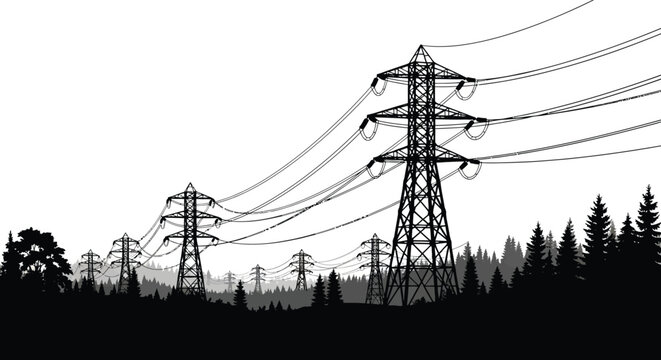 A stark depiction of power lines and transmission towers against a dark landscape on transparent background silhouette high quality professional detailed