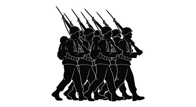 A group of soldiers marching forward in a dark silhouette ideal for various designs on transparent background high quality professional detailed