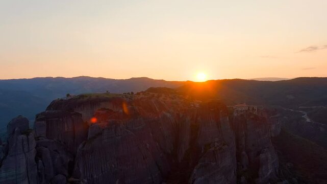 Meteora, Kalabaka, Greece. Monastery of the Transfiguration of the Saviour. Meteora - rocks, up to 600 meters high. There are 6 active Greek Orthodox monasteries listed on the UNESCO list. Aerial Vie