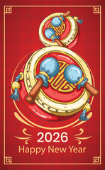 2026 Chinese New Year Greeting Card with Traditional Pellet Drums and Auspicious Red Pattern