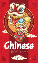 Chinese New Year Greeting Card with Kawaii Lion Dance Illustration and Traditional Red Pattern Background