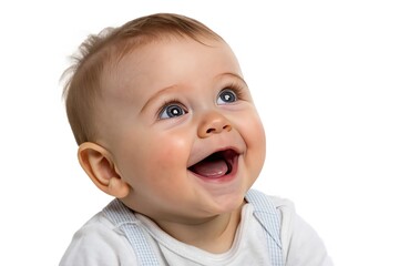 A baby is smiling and laughing while looking up at the camera
