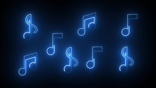 Glowing neon line music icon animation on black background. Neon sing song blue color music icon.