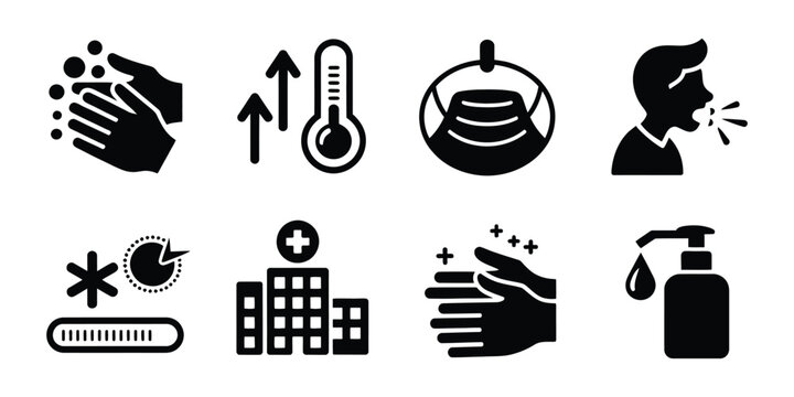 Hygiene and safety excellent icon set including hand hygiene, sanitizer, food contamination, allergy alerts, eye examination, hospital, patient care, clean hands vector illustration.