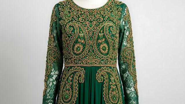 Close-up of a luxurious emerald green ethnic dress featuring gold paisley embroidery and intricate lace sleeves. The detailed zari work and floral motifs on the bodice showcase traditional craftsmansh