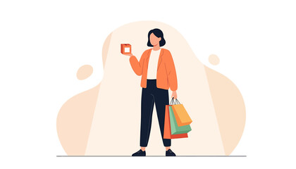 Woman holding credit card and shopping bags illustration.