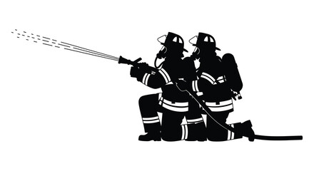Two firefighters battling a blaze with a hose depicted in a stark black silhouette on transparent background high quality professional detailed