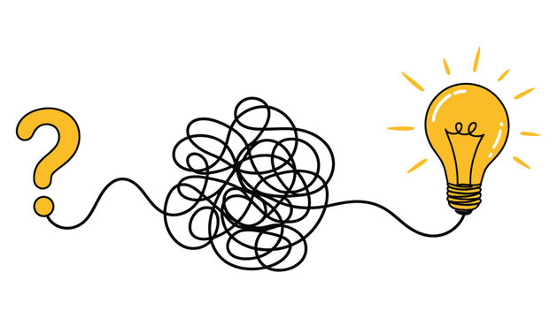 Yellow question mark tangled line leading to glowing light bulb on white background, idea thinking, creativity, problem solving, innovation vector illustration.