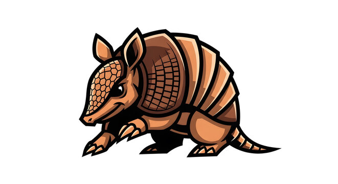 A powerful mascot design of a brown armadillo with a detailed shell in a dynamic standing pose