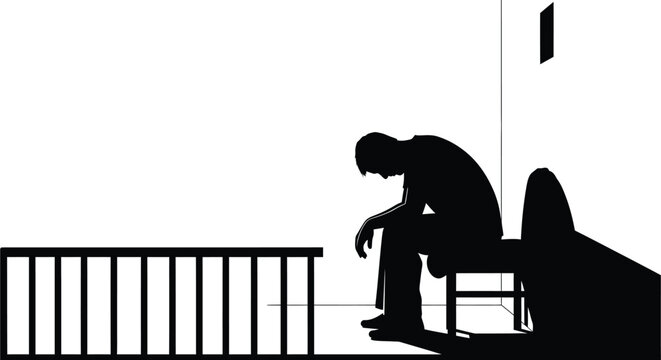 A somber figure sits with head in hands suggesting sadness or despair presented as a silhouette on transparent background high quality