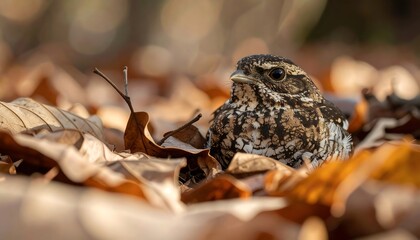 Obraz premium Nightjar Bird Camouflaged on Forest Floor Among Dry Autumn Leaves
