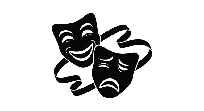 Two theatrical masks one smiling and one frowning depicted in a striking black silhouette on transparent background high quality professional detailed