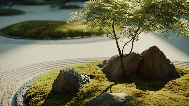 Close-up of a Miniature Zen Garden with Rocks  Green Moss  and a Small Tree  Artistic and Tranquil Composition for Meditation and Spaces