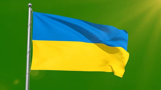 Ukrainian flag waving in sunlight against green background