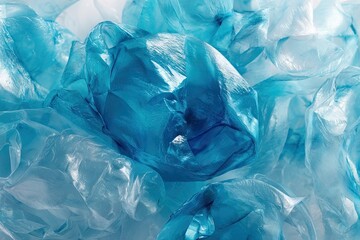 Obraz premium Close-up, top-down view of crumpled blue and clear plastic bags, abstract texture