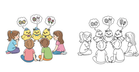 Cute children sitting with easter chicks dreaming of spring holidays, vector illustration set with colored version and black and white outline for coloring book page. © MstTabassum