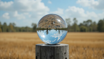 A glass ball is sitting on a wooden post in a field. The ball is reflecting the sky and the surrounding.