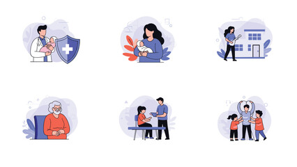 Fototapeta premium A set of six flat illustrations showing various aspects of family and health insurance, including newborn care, doctor visits, and property protection.