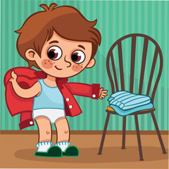 Adorable cartoon boy dressing himself. Flat vector clipart style illustration suitable for kids activities, morning routine concepts, preschool education, posters, and digital or print projects.