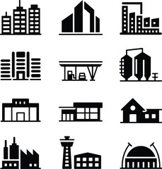 Obraz premium City building icons set, commercial, residential, industrial, public structures vector illustration, black architecture silhouettes for urban, real estate, planning