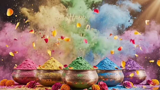 Holi colorful powder bowls video motion animated footage and animation with happy holi text for Indian festival celebration and commercial greeting design