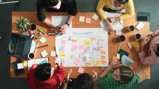 Top down aerial view of professional business people hands making scrum task board to manage workflow in workplace. Diverse smart team shaking hand and making agreement at meeting room. Convocation.