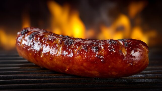 Grilled sausage with crispy caramelization on a barbecue grill against a backdrop of orange flames highlighting smoky grilling textures
