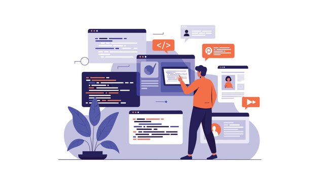 A male programmer multitasks by managing multiple screens with code, user profiles, and web interfaces, illustrating software and web development concepts.