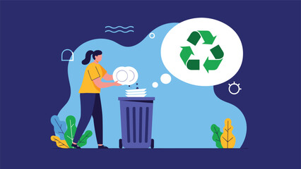 Naklejka premium A woman puts plates into a trash bin while a thought bubble shows the recycling symbol, illustrating the concept of proper waste sorting and environmental care.