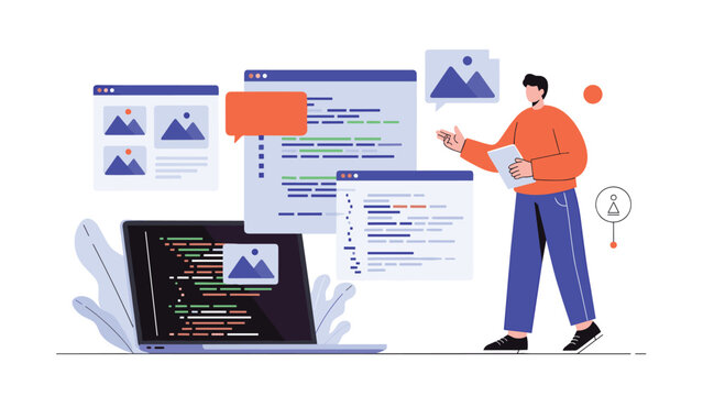 A male web developer or programmer presents his work, explaining the code and design layouts displayed on multiple floating browser windows.