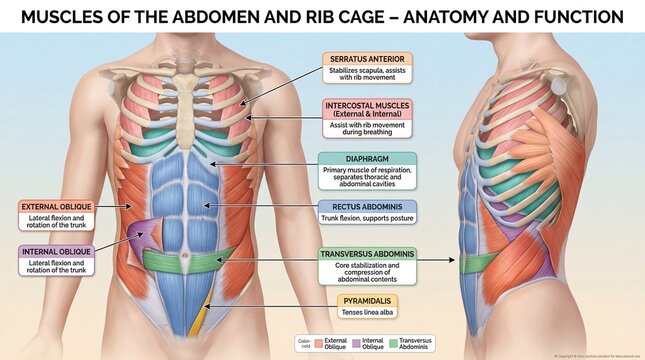 Detailed Anatomical Illustration of Muscles in the Abdomen and Rib Cage with Labels
