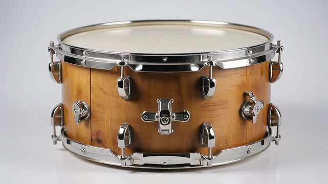 Detailed close-up of a beautifully crafted wooden snare drum showcasing musical instrument