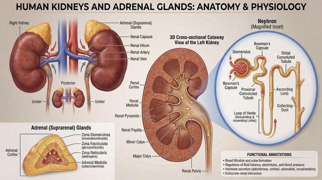 Detailed Anatomical Illustration of Human Kidneys and Adrenal Glands with Labels and Diagrams