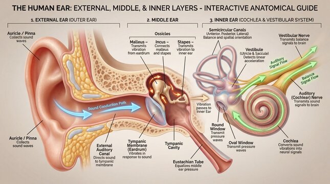 Detailed Diagram of the Human Ear Structure Including External, Middle, and Inner Layers
