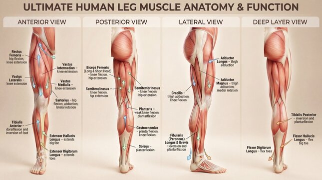 Comprehensive Guide to Human Leg Muscle Anatomy and Function with Detailed Views