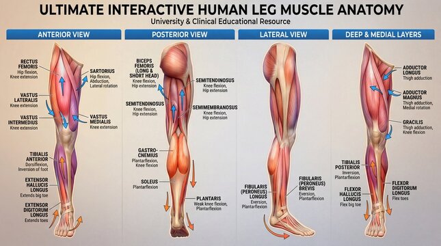 Detailed Visual Guide to Human Leg Muscle Anatomy in Anterior, Posterior, and Lateral Views