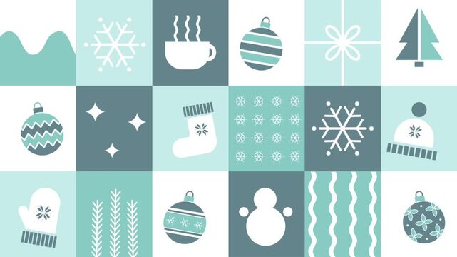 Winter Geometric Square Pattern. Animation with Winter Elements. Christmas Abstract Moving Background. Banner. Christmas Ball, Snowflake, Hat, Glove, Sock, Snowman, Cup. Video in Blue, Gray, White