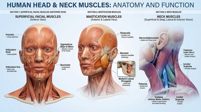 Detailed Anatomical Illustration of Human Head and Neck Muscles with Labels and Functions