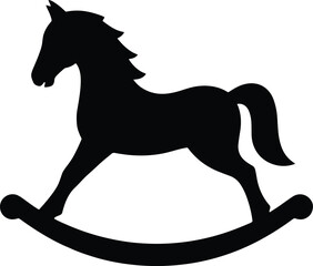 Minimal vector silhouette, vintage rocking horse toy with curved base, solid black, isolated on white.