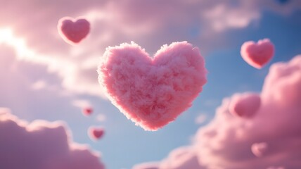 Obraz premium Close up fluffy pink heart shapes float in a soft blue sky