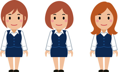 両手を下ろし、すまし顔のネイビー事務服の若い女性