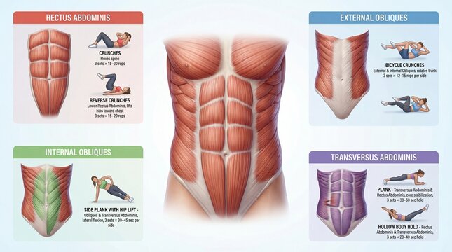 Detailed Anatomy Illustration of Core Muscle Groups Including Abdominals and Obliques