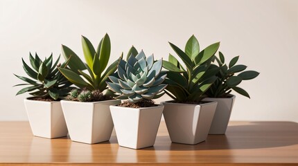 Obraz premium Minimalist succulent plants in white pots arranged neatly on a warm wooden surface 