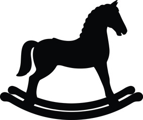 Minimal vector silhouette, vintage rocking horse toy with curved base, solid black, isolated on white.