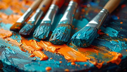 Obraz premium Paintbrushes with Vibrant Blue Orange Paint.