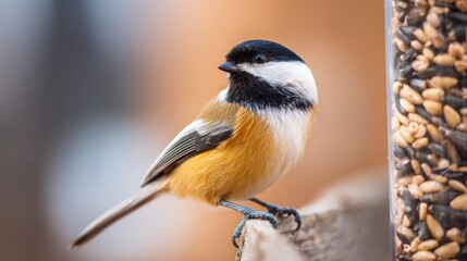 Obraz premium Small Bird with Black Cap and Orange Belly Near Seed Feeder