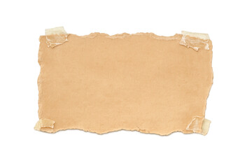 Fototapeta premium Torn sheet of aged paper with rough, ripped edges and wrinkles, fastened by pieces of adhesive tape. Transparent background