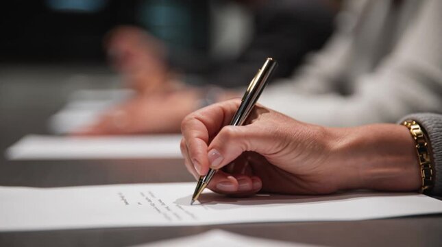 A woman signs documents at a meeting of businessmen.