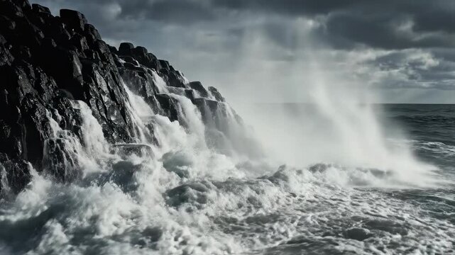 Powerful ocean waves crash in slow motion against sharp, dark coastal rocks, illustrating persistent elemental struggle and force slow motion, collision, crisis