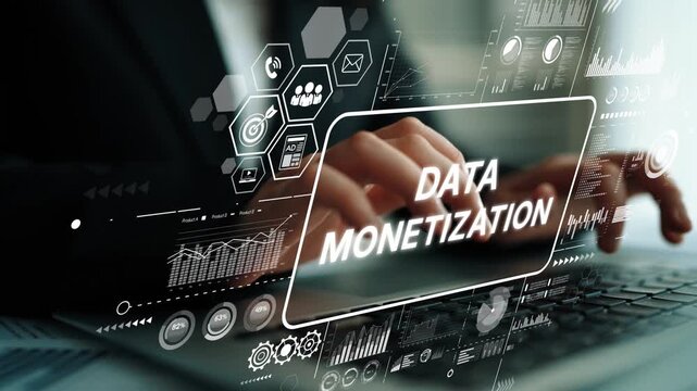Business Professional Engaging in Data Monetization with High-Tech Graphs and Analytics Displayed on a Transparent Screen. Asymptotic smart data analytic.